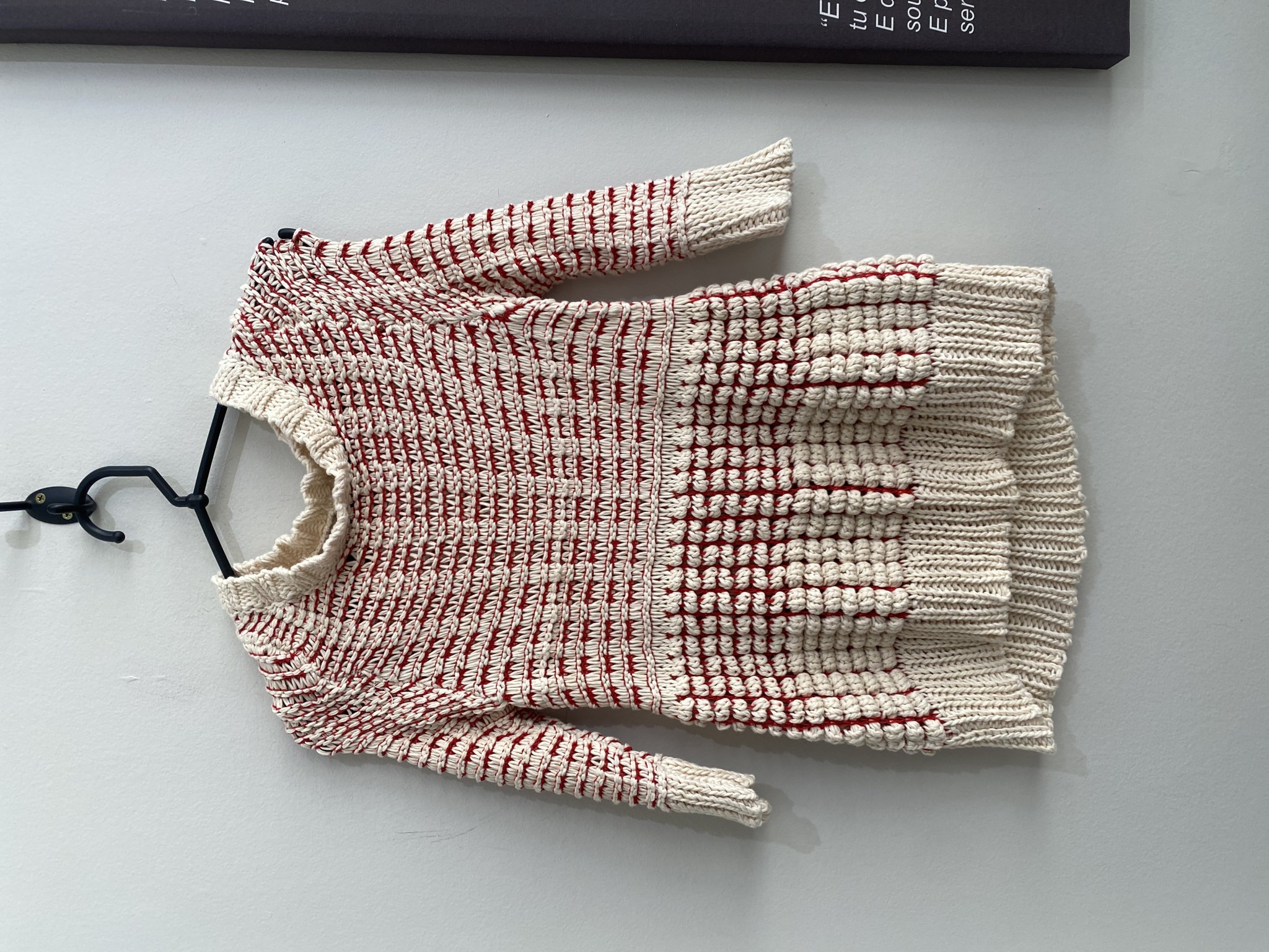 Blusa de tricot bege com listras vermelha manga 7/8 Fiets Voor - P
