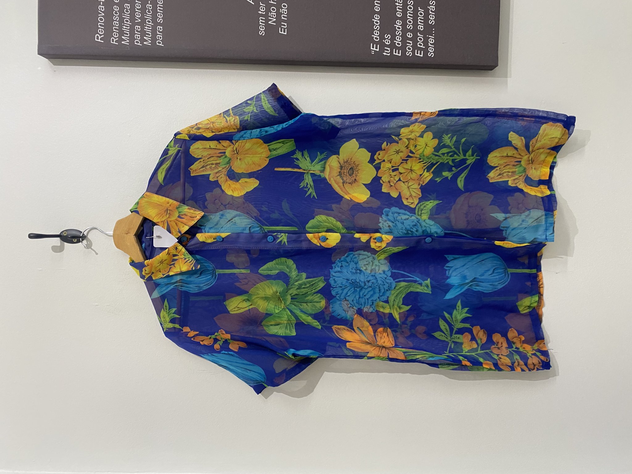 Camisa azul floral m/curta c/transparencia s/marca vintage - M/G