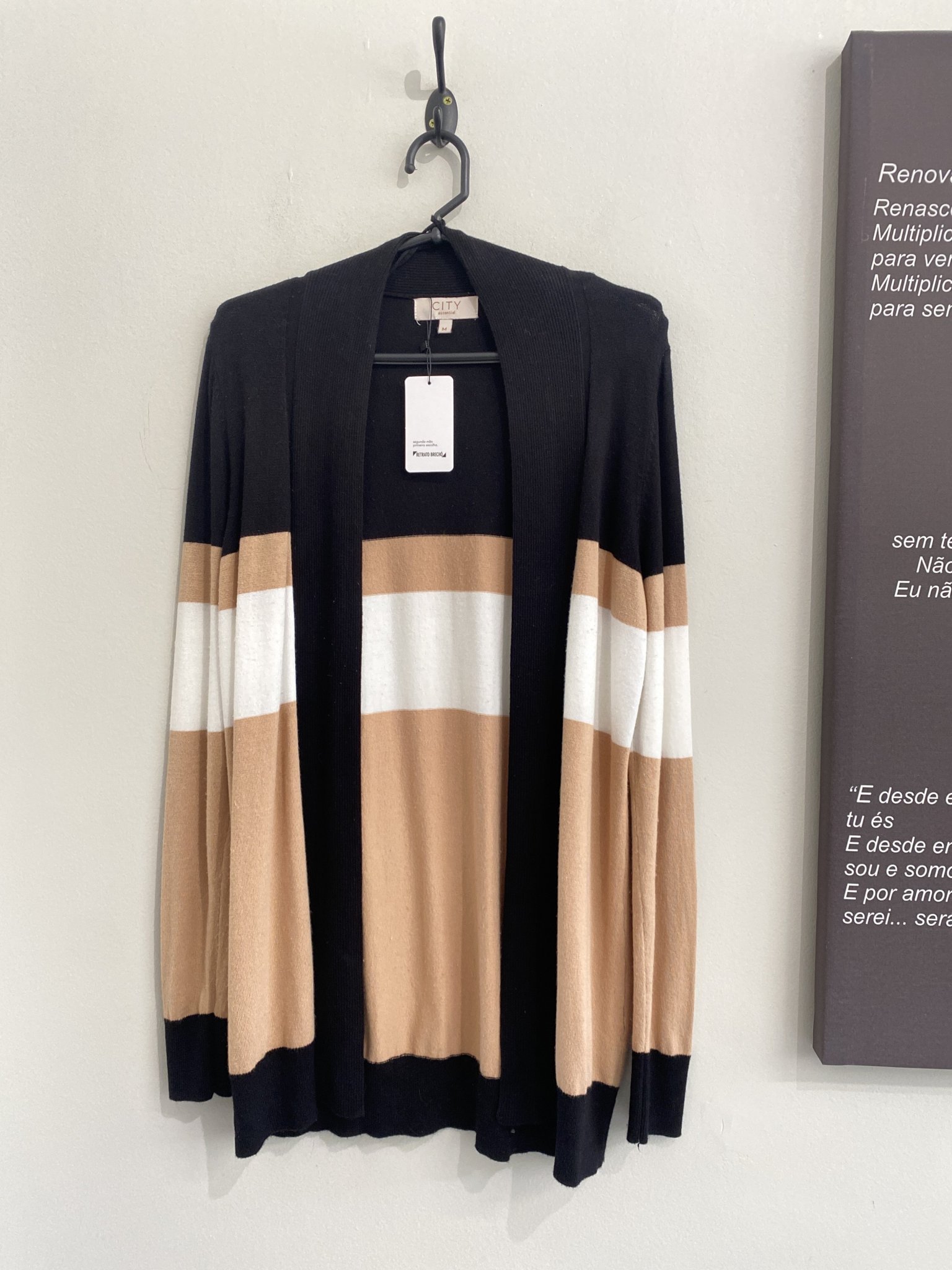 Cardigan listrado preto/marrom/creme tricot m/longa City - M