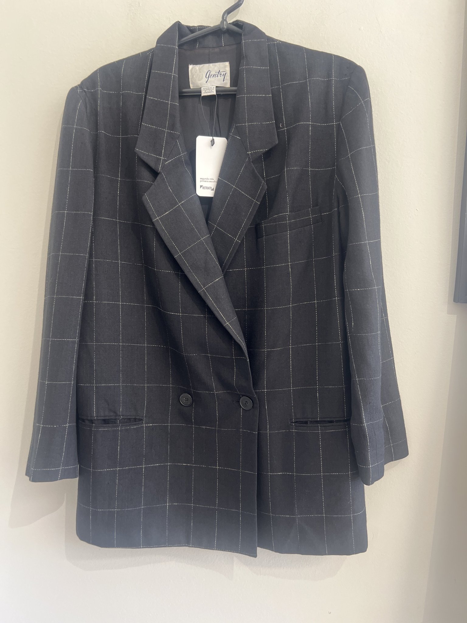 Blazer quadriculado preto risca de giz branca Gentry de viscose e linho - M