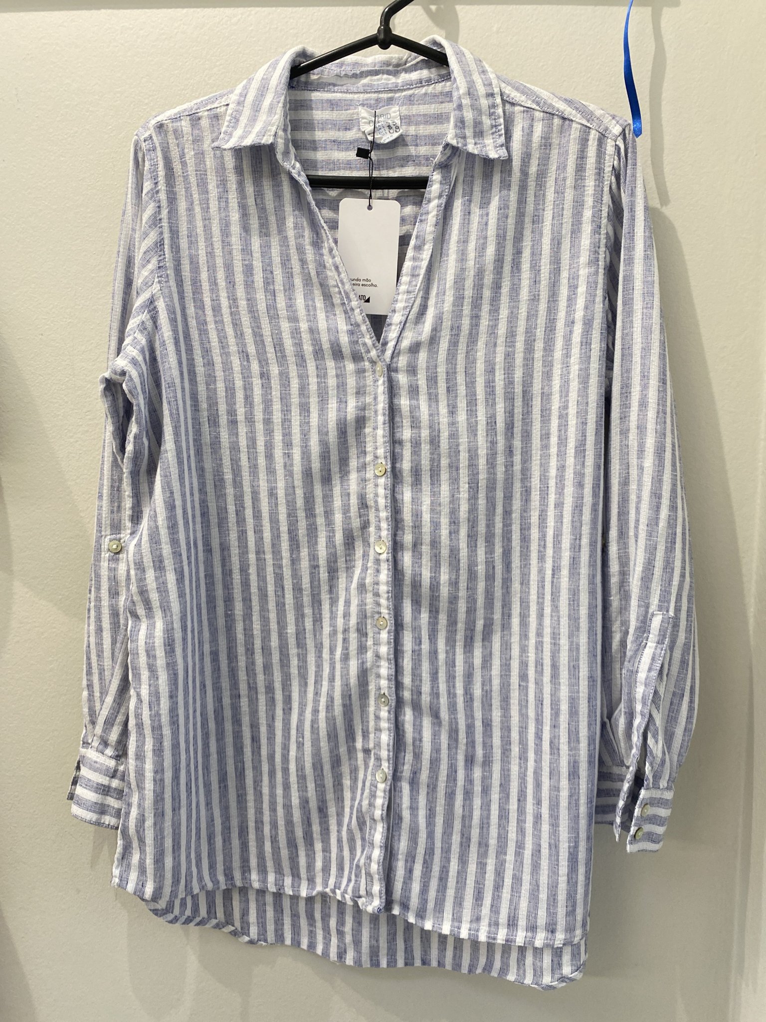 Camisa listrada azul e branco m/longa Sigrid Olsen de linho e algodão  - P