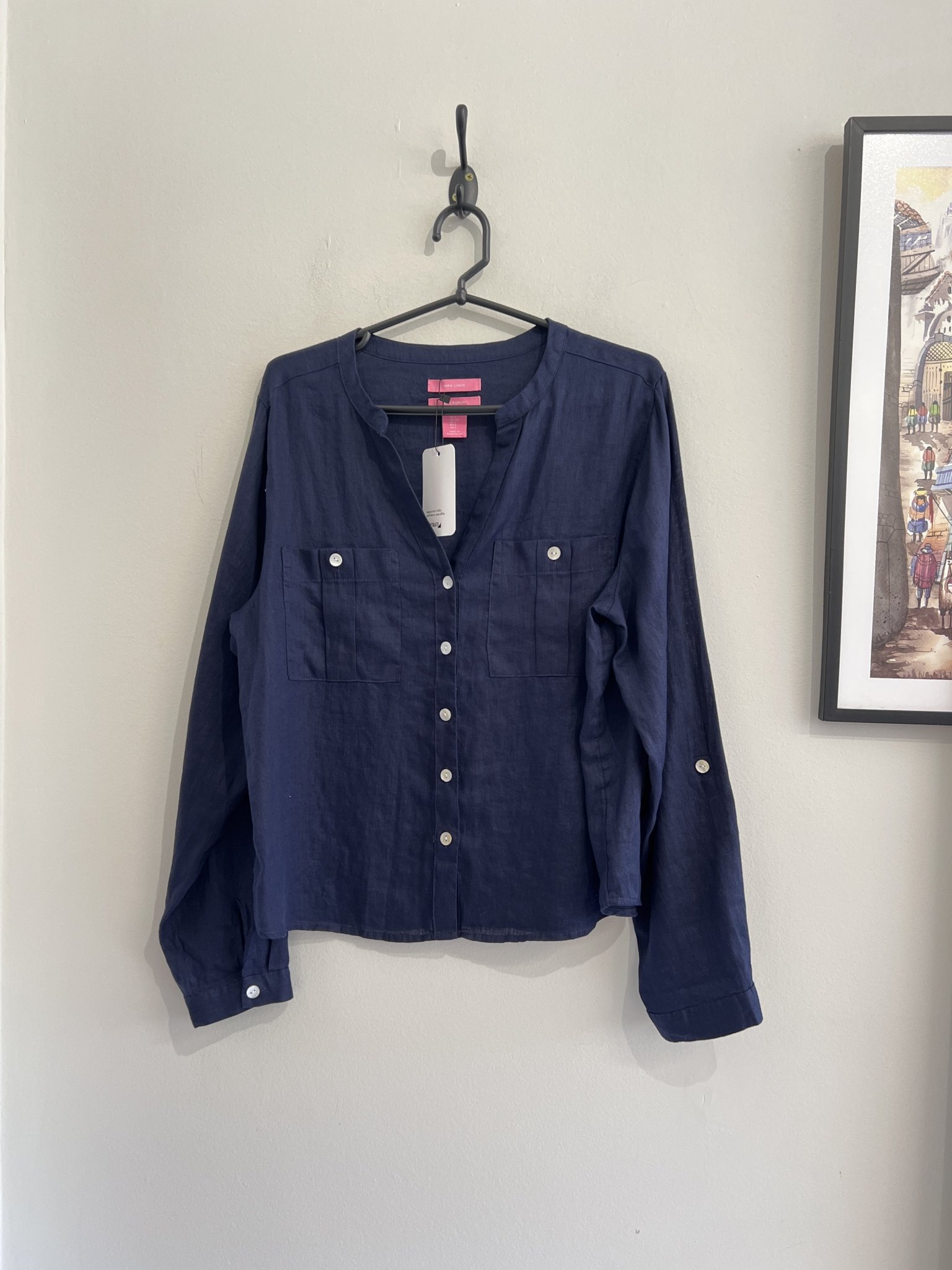 Blusa azul marinho de botões manga longa Isaac Mirrahi de linho - G Madewell - M