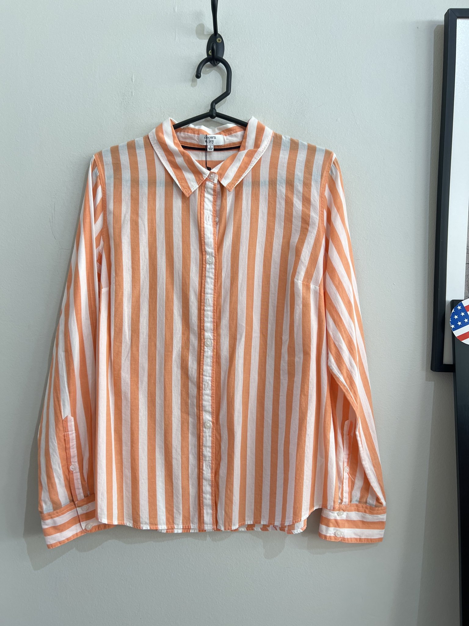Camisa listrada laranja e branco m/longa Crown & Ivy de algodão - G