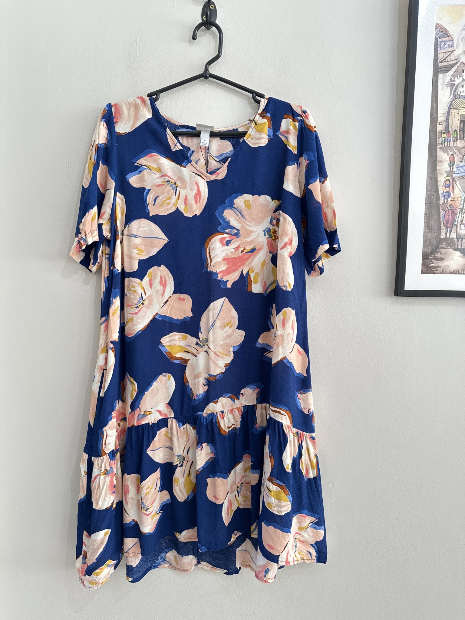 Vestido azul estampa floral rosa m/curta A New Day - P