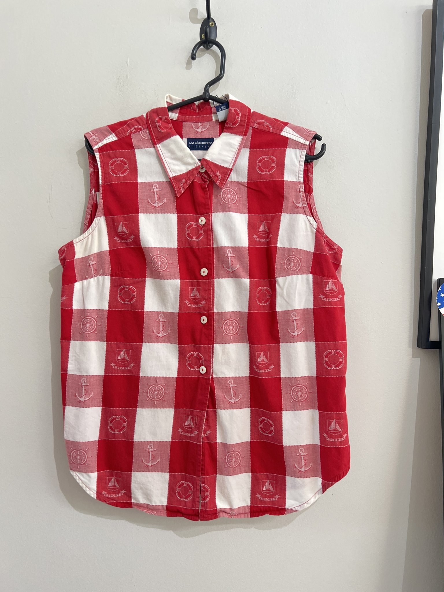 Camisa quadriculada vermelho e branco estampa nautica s/manga Liz Claiborne de algodão - G