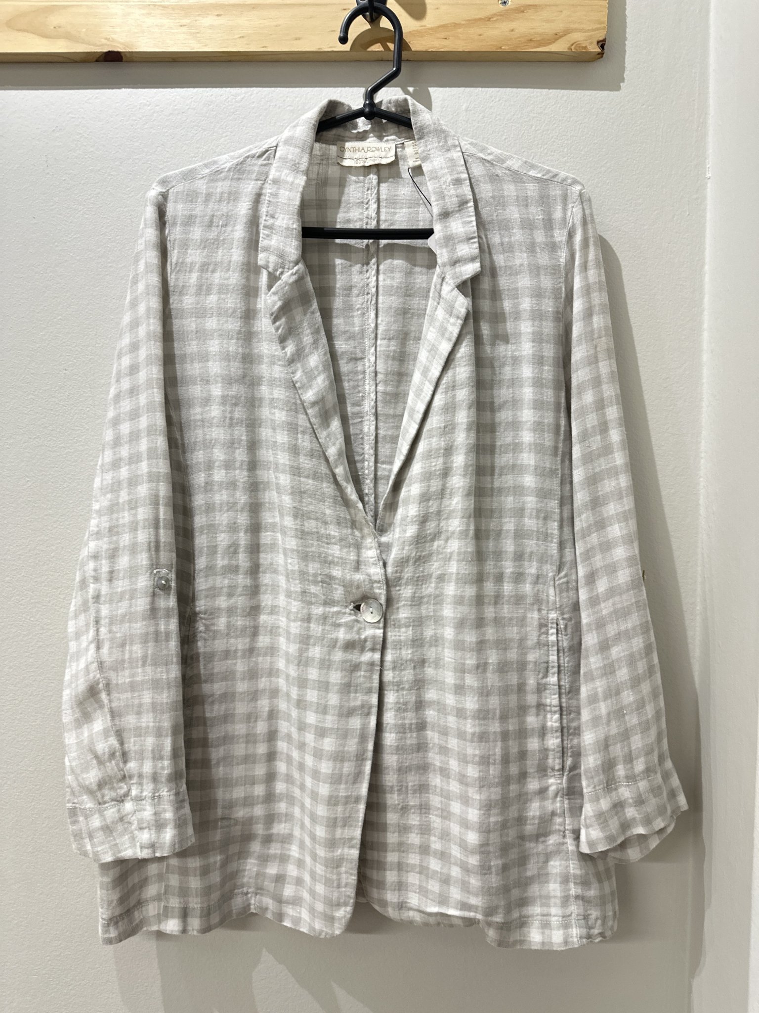 Blazer quadriculado branco e bege  fecho de um botão Cynthia Rowley de linho - M