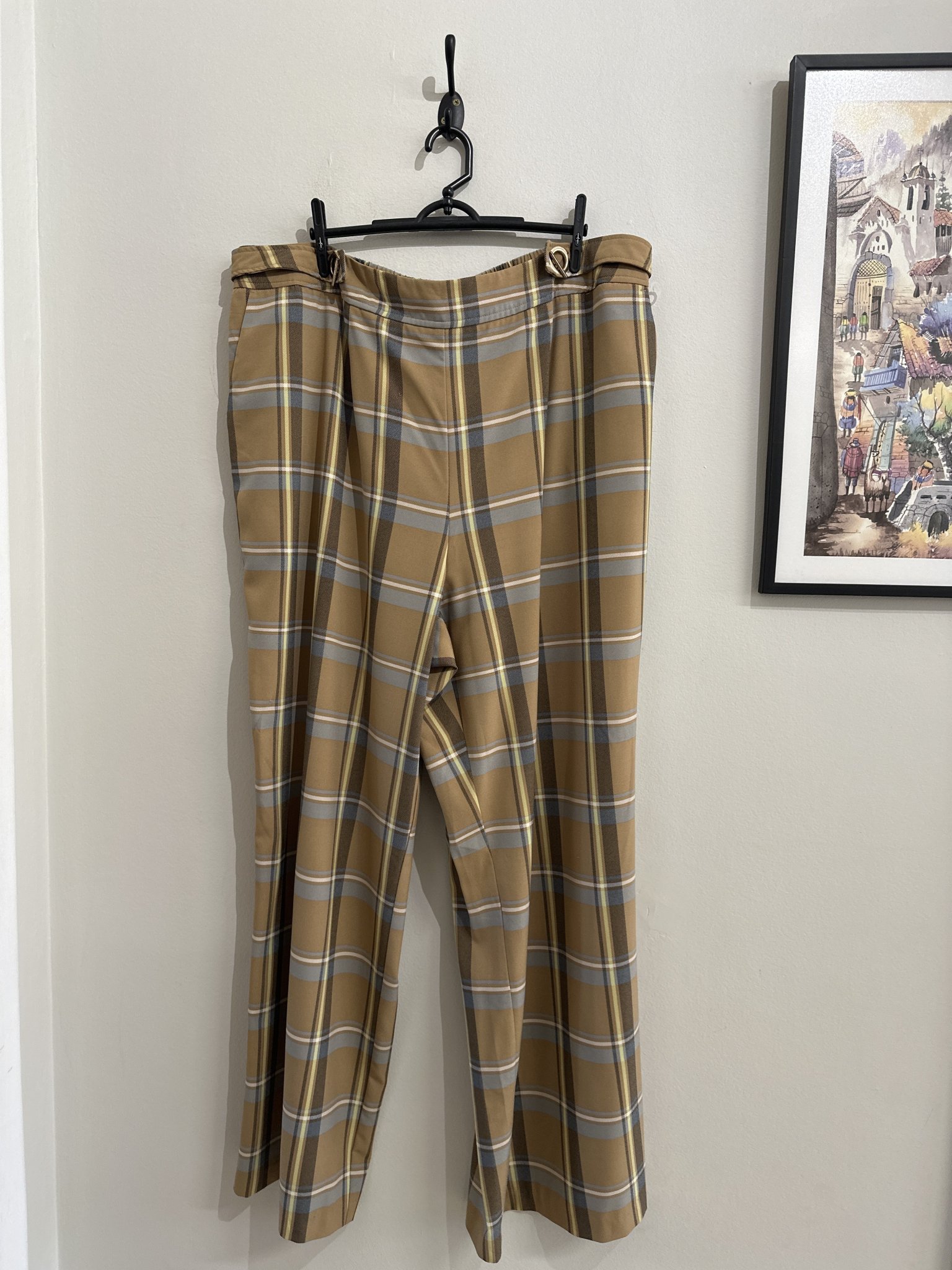 Calça pantalona xadrez bege de cintura regulavel Est 1946 - GG