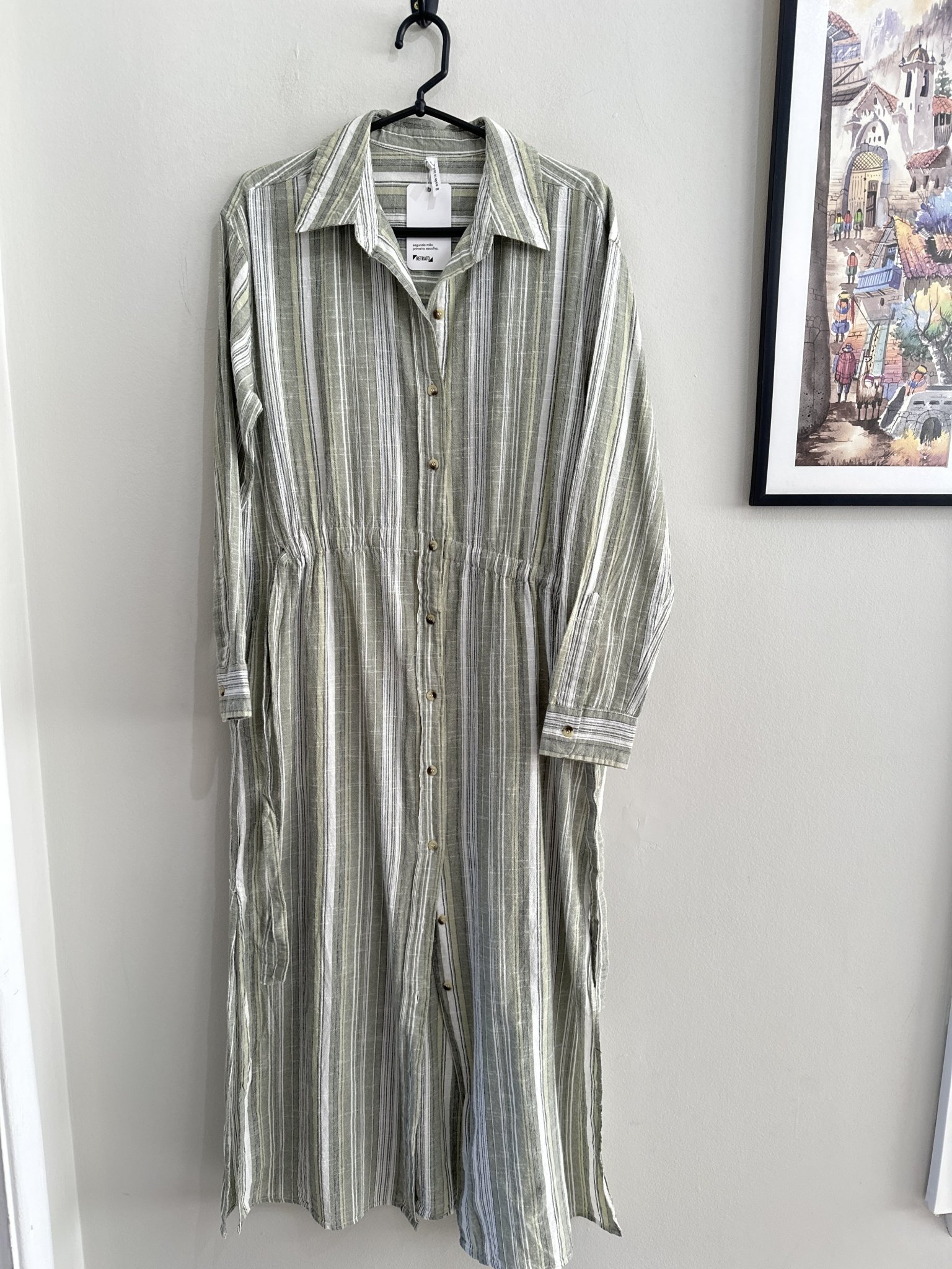 Vestido chemise longo listrado verde e branco c/cinto faixa e m/longa Truly 4 You- G