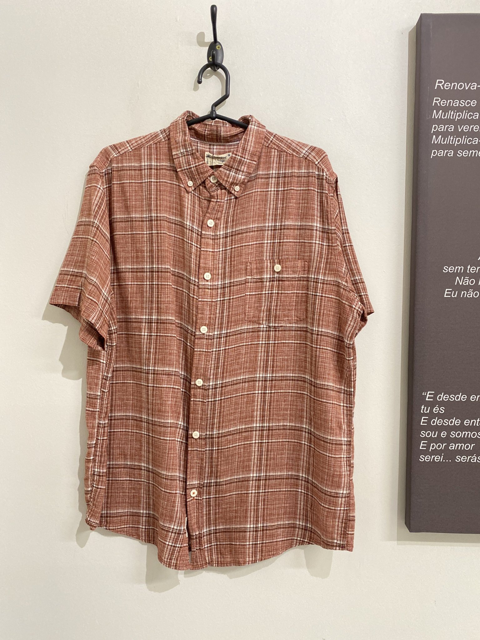 Camisa xadrez marrom m/curta Weatherproof Vintage de linho e algodão - G
