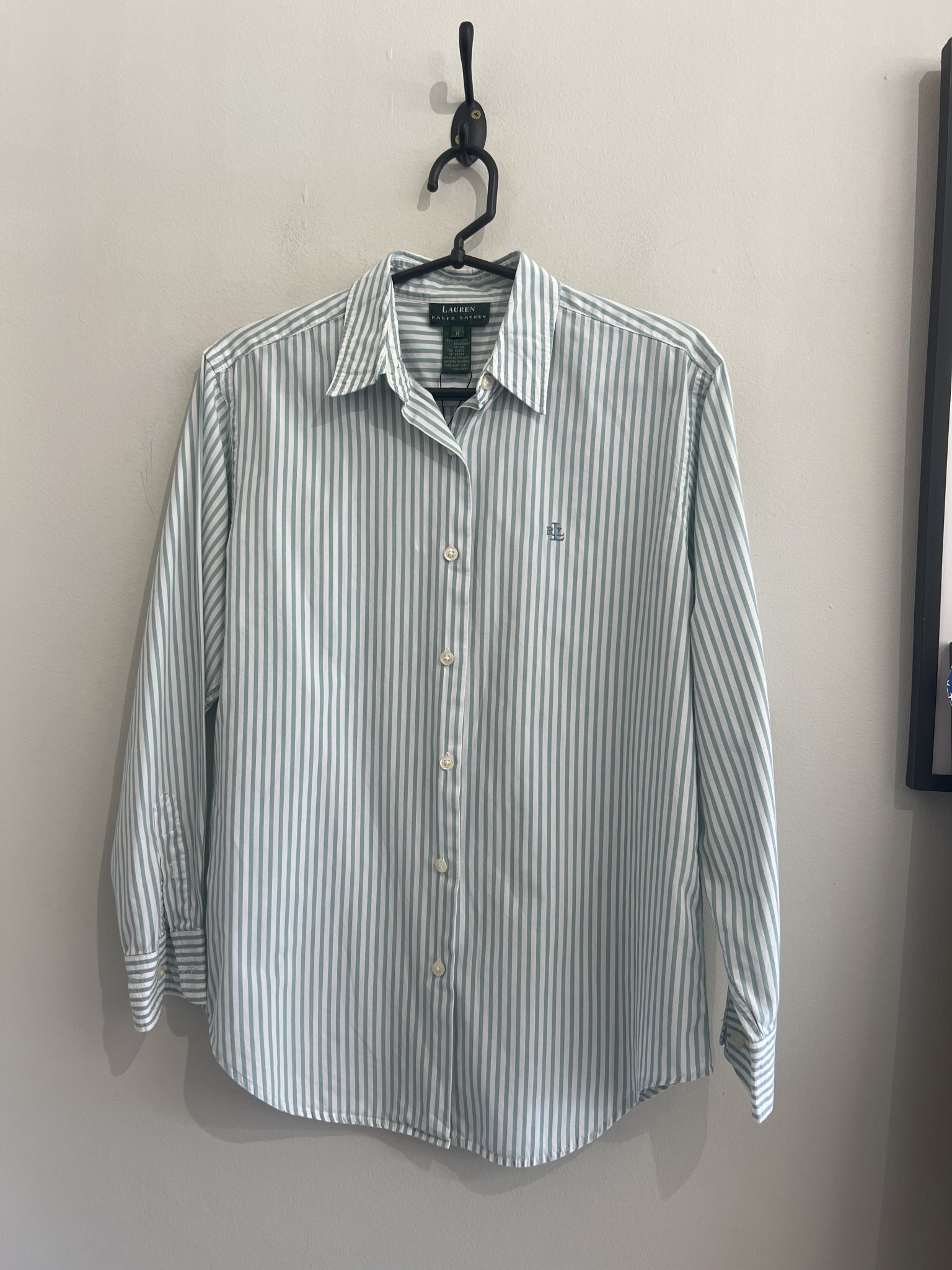 Camisa listrada verde e branco m/longa Ralph Lauren de algodão - M