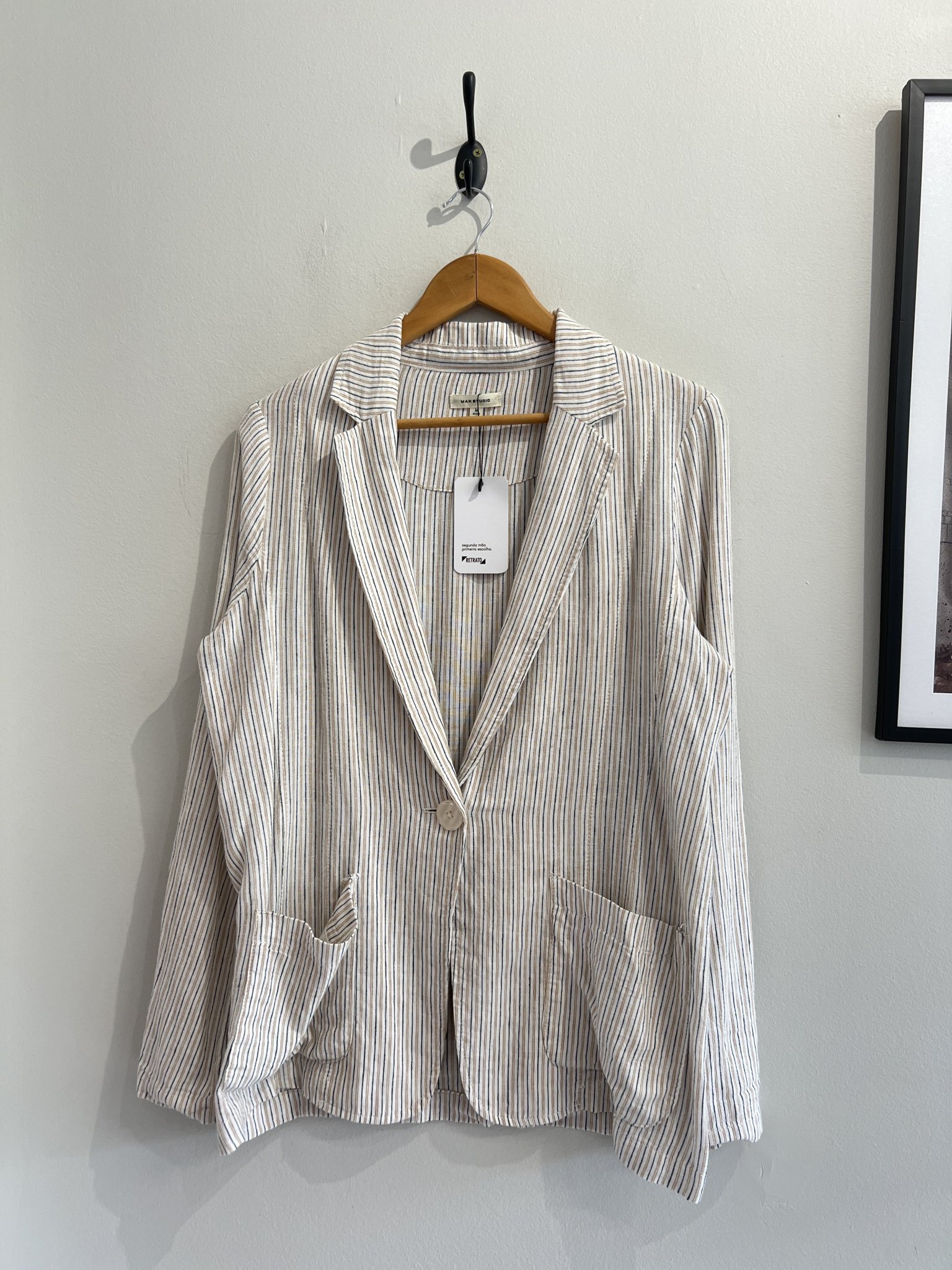 Blazer listrado off white e bege fecho de um botão Max Studio de linho e viscose - M branco, bege tamanho M - foto principal