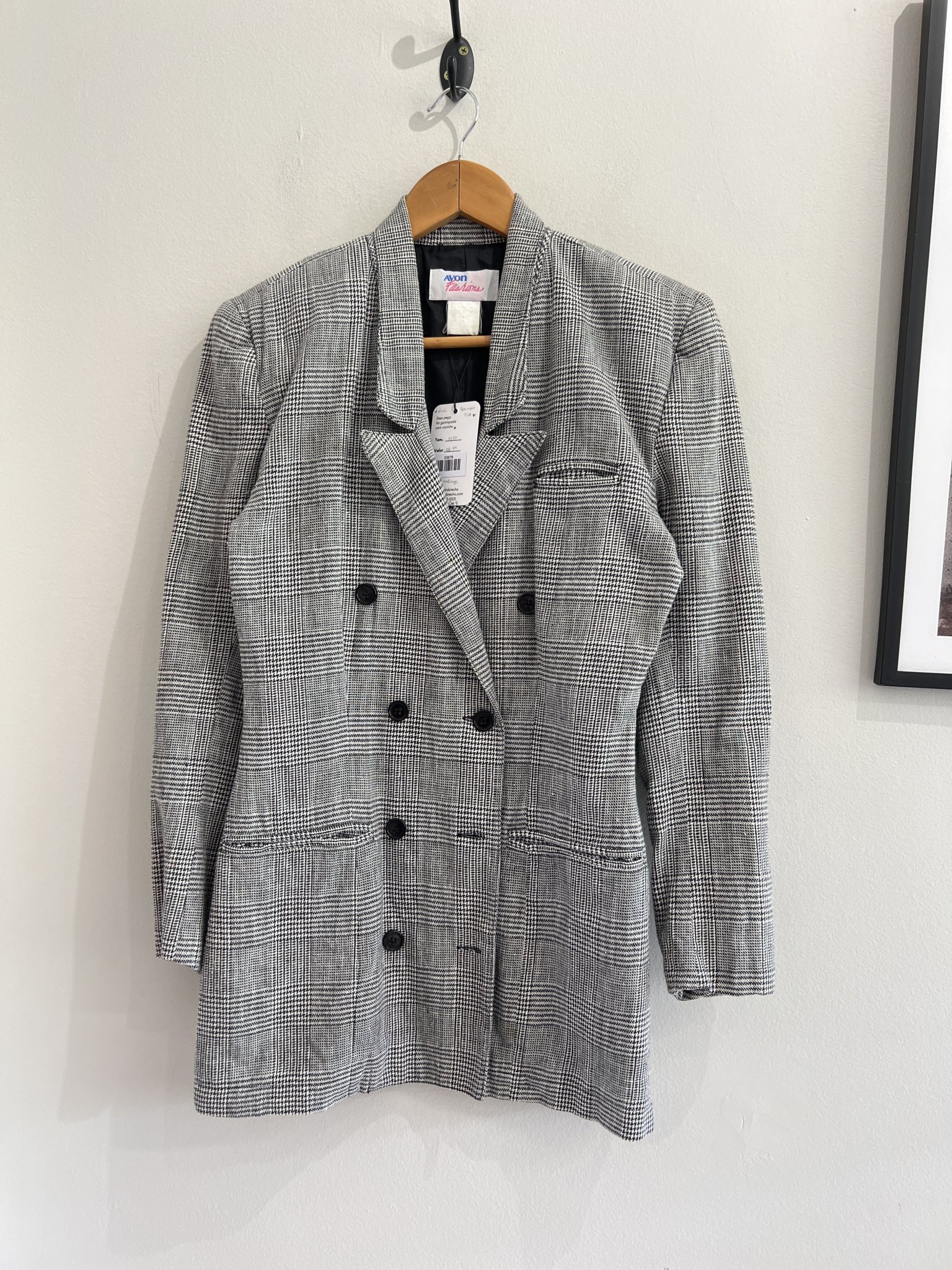 Blazer xadrez P&B de botões duplos Avon vintage - PP/P Preto, Branco - foto principal