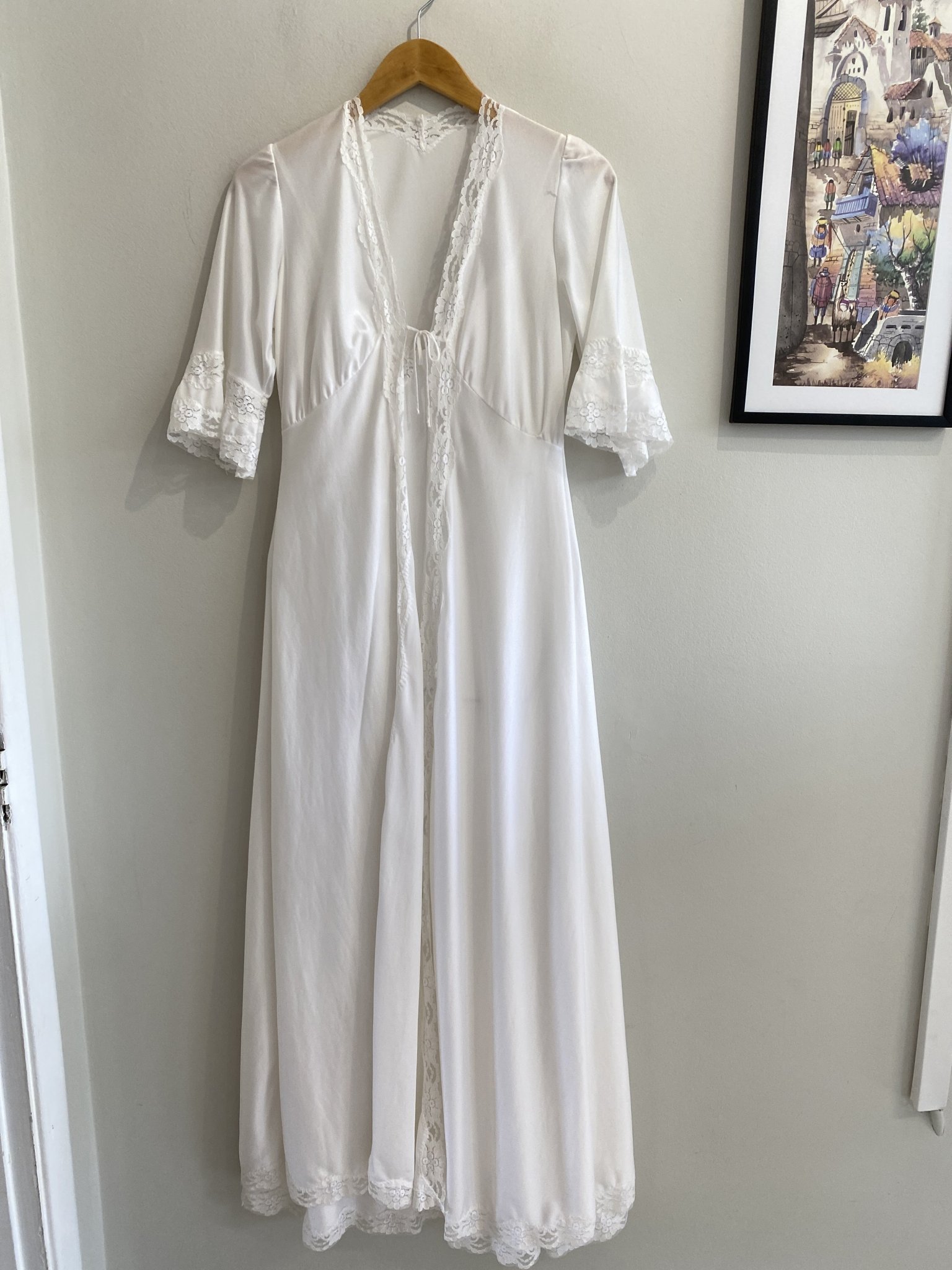 Conjunto vintage robe e camisola longa off white com detalhes em renda vintage N branco - foto principal