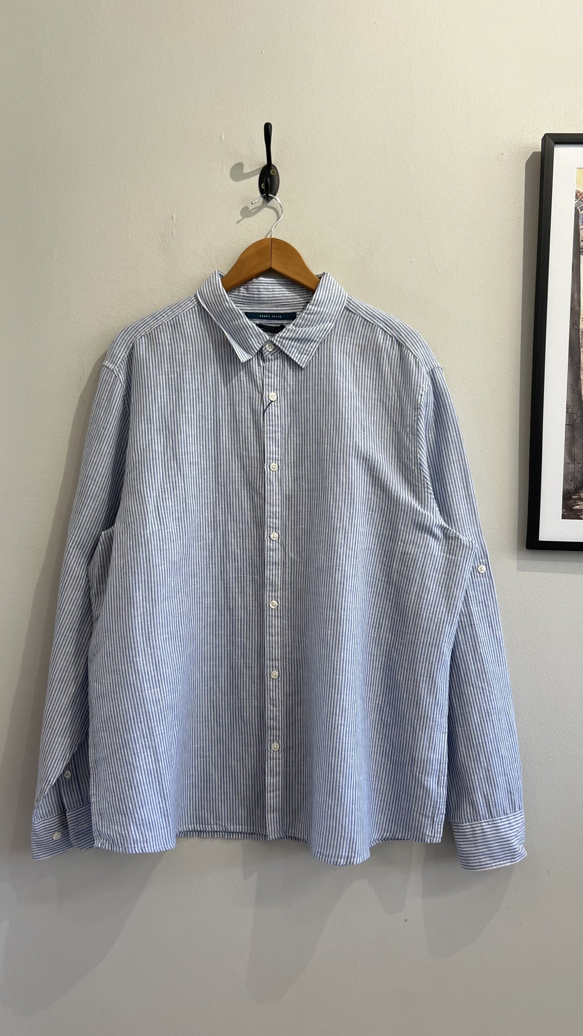 Camisa listrada azul e branco m/longa Perry Ellis - 2G branco, azul - foto principal