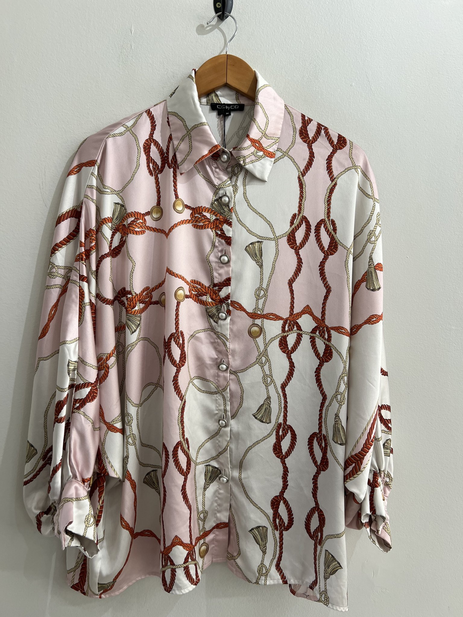Camisa estampa off white e rosa de cordas m/longa CQ by CQ de botões pérola - M branco, rosa tamanho M - foto principal