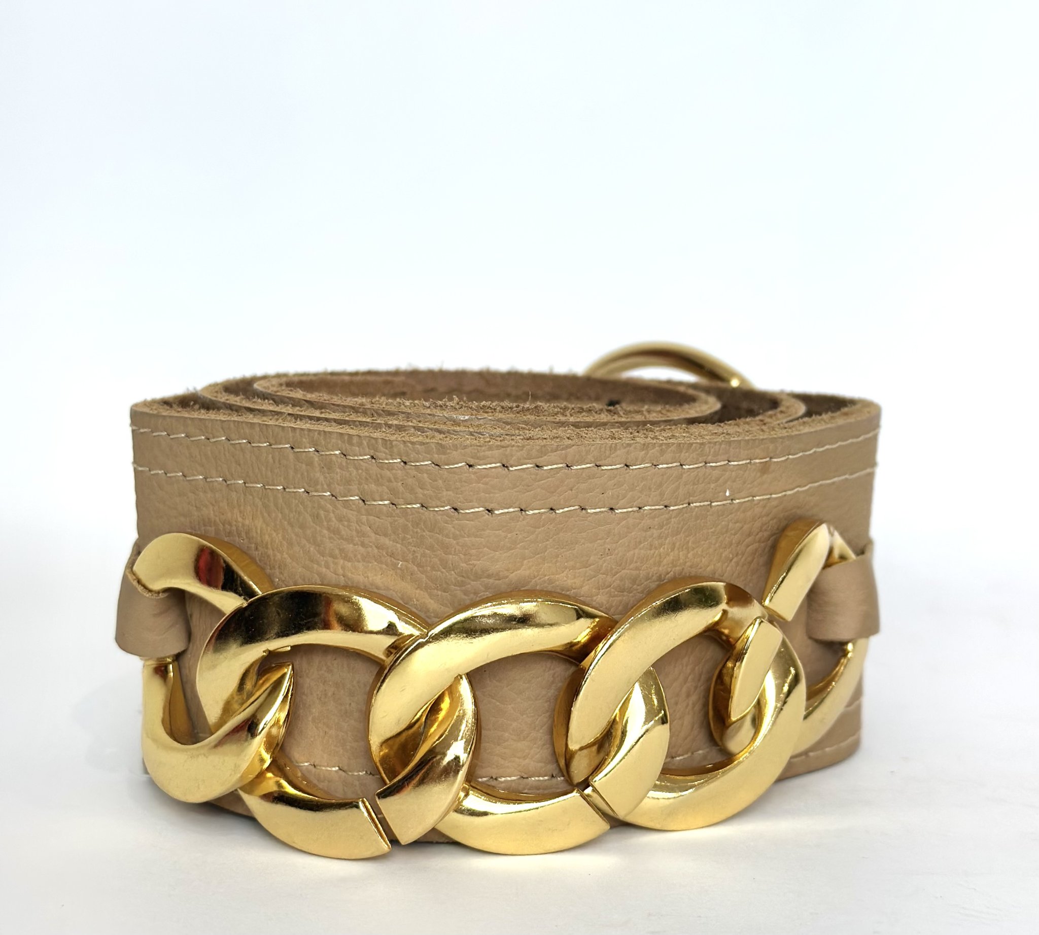 Cinto caramelo de couro com dourado - M marrom, dourado tamanho M - vista adicional 2