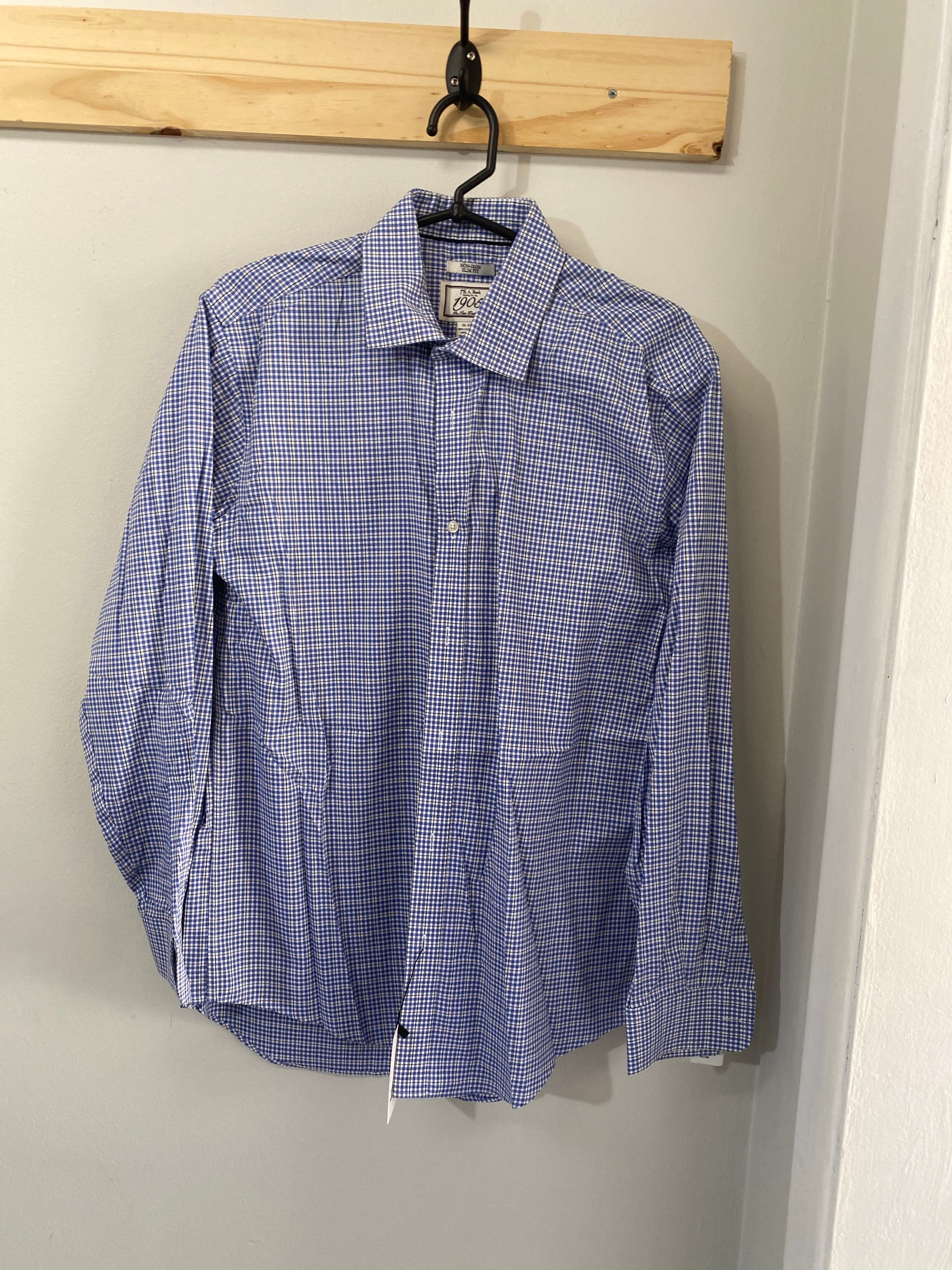 Camisa m/longa quadriculada azul e branco Jos A Bank de algodão Sem marca branco, azul - 17038-1