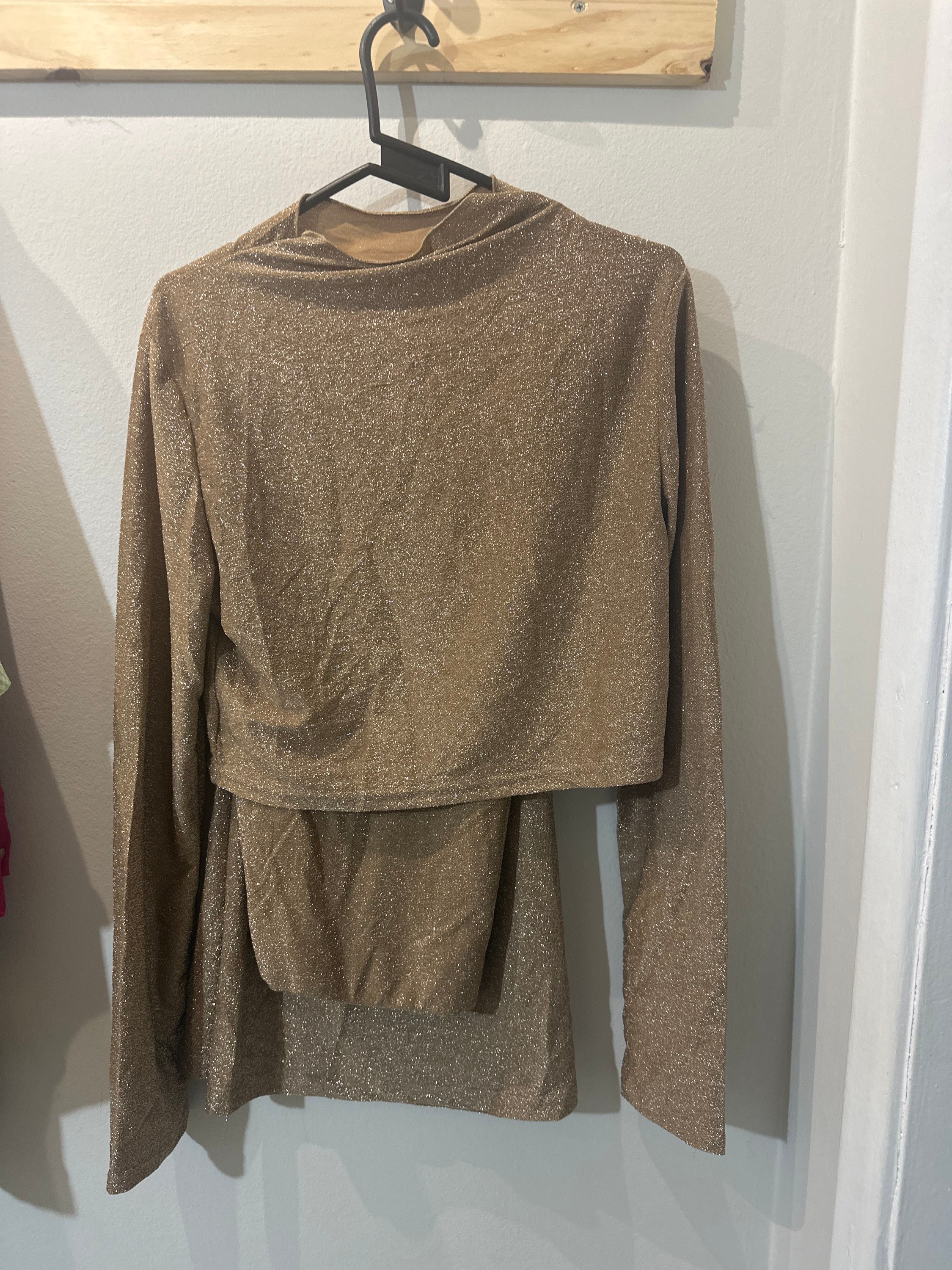 Conjunto cropped m/longa e calça bege brilhoso no lurex - sem marca - 17293-1