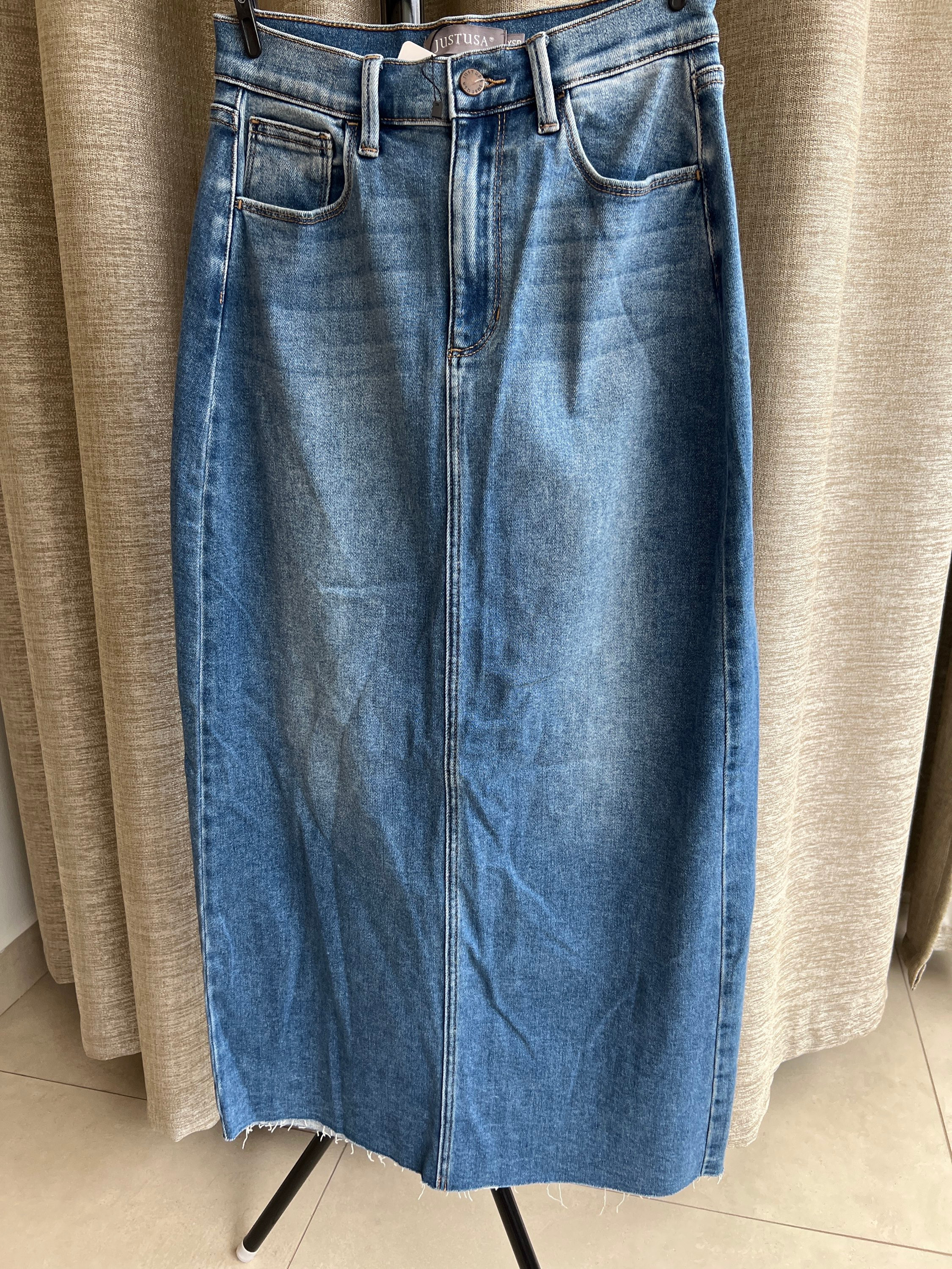 Saia jeans reta com fenda na frente JustUSA de algodão e elastano Sem marca Azul - 17436-1