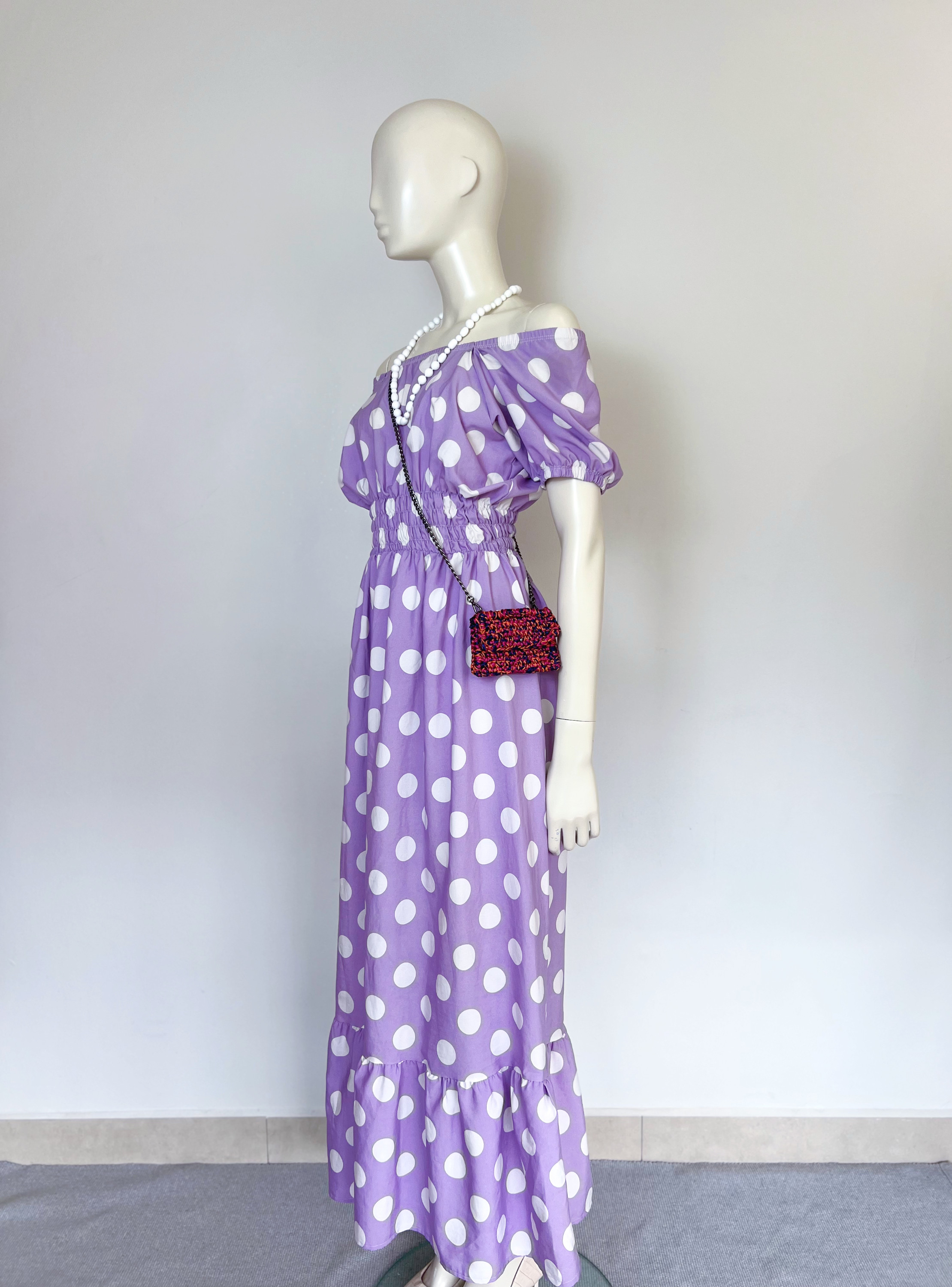 Vestido longo lavanda de poá branca - M
