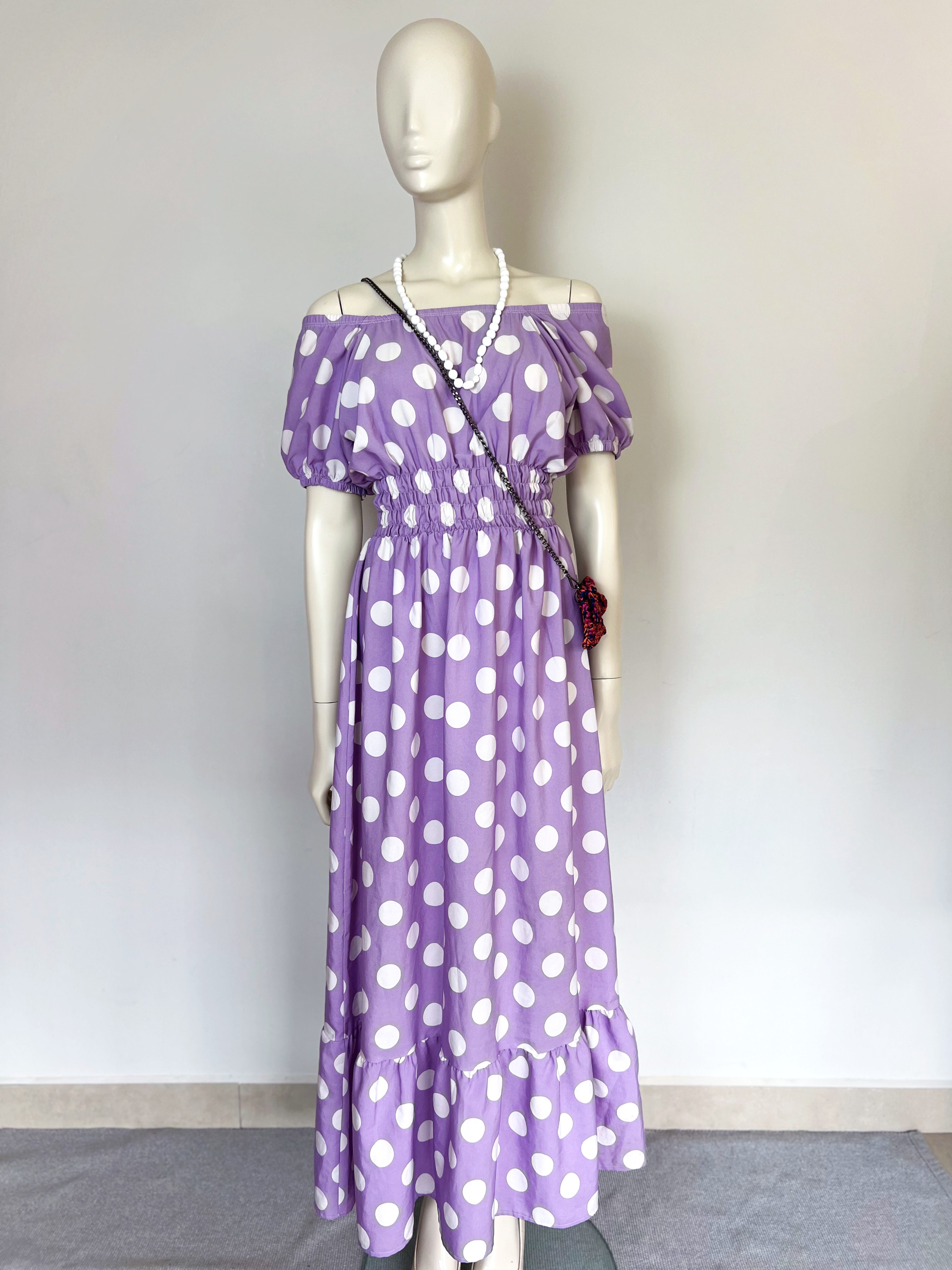 Vestido longo lavanda de poá branca - M Sem marca Roxo, Branco tamanho M - 18191-3