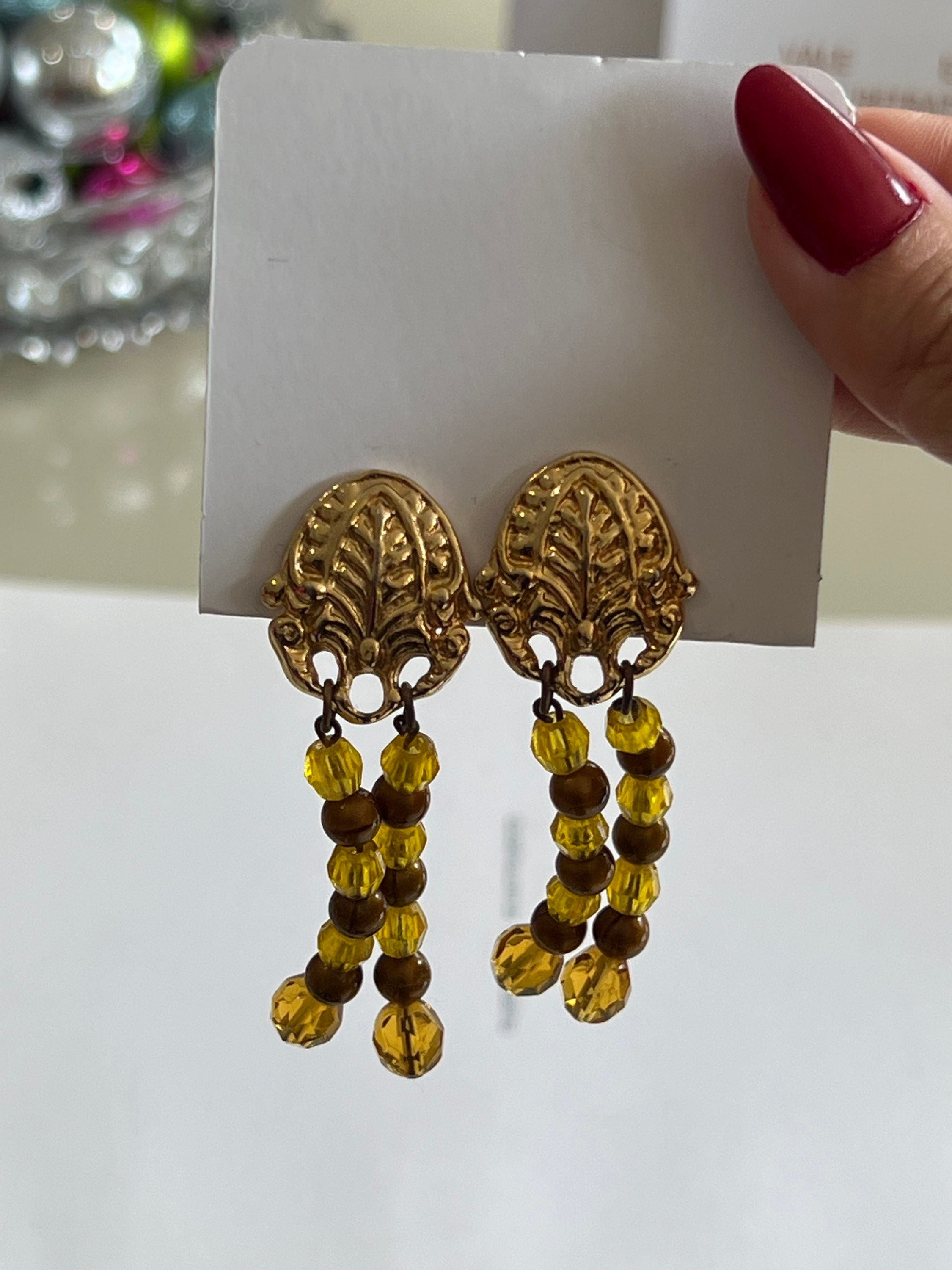 Brinco pressão vintage penduricalho miçanga Briana Sem marca Marrom, Amarelo - 18856-1