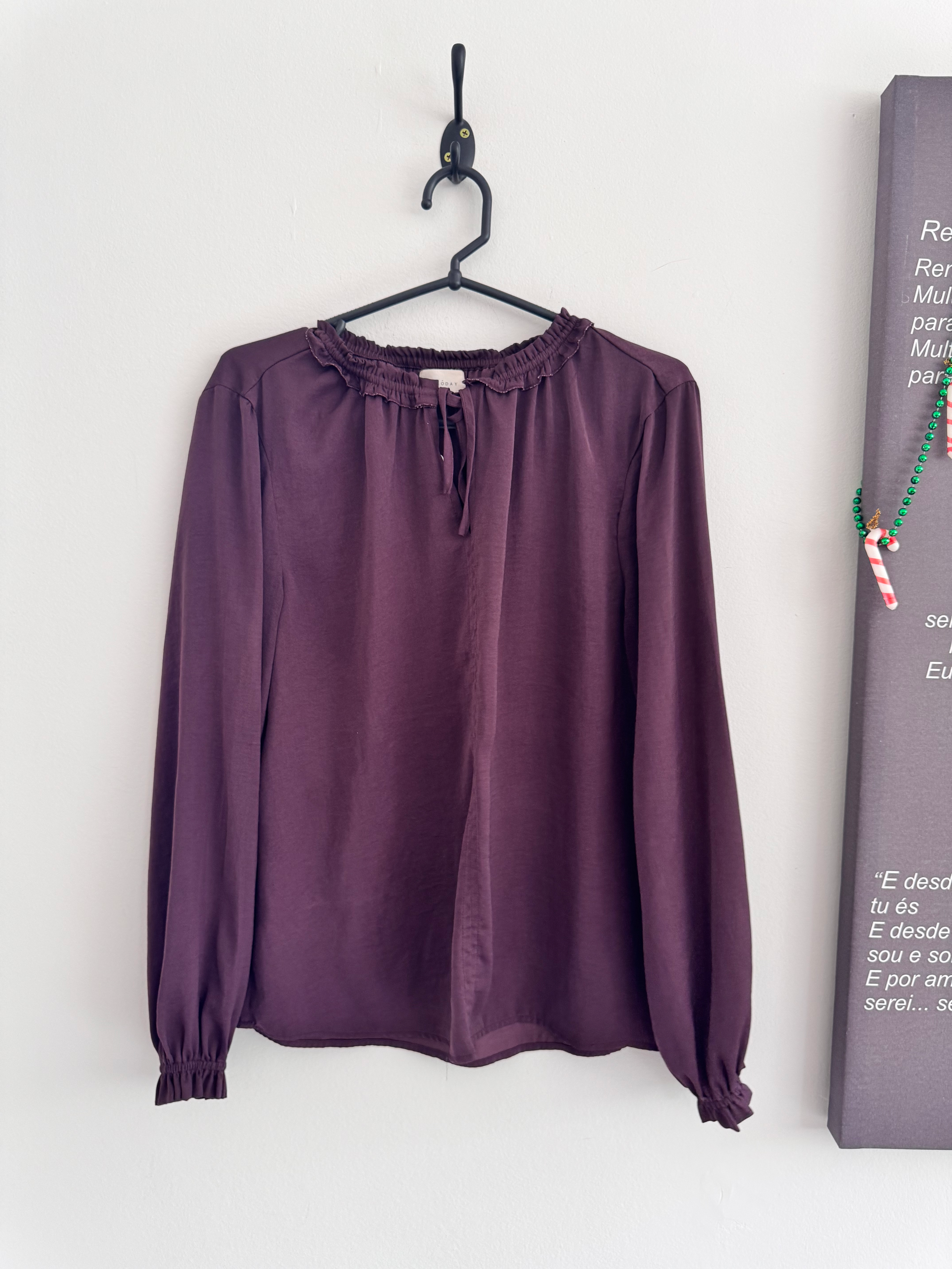 Blusa marrom cetim manga longa Melloday com babadinhos na gola Sem marca Vinho - 19008-1