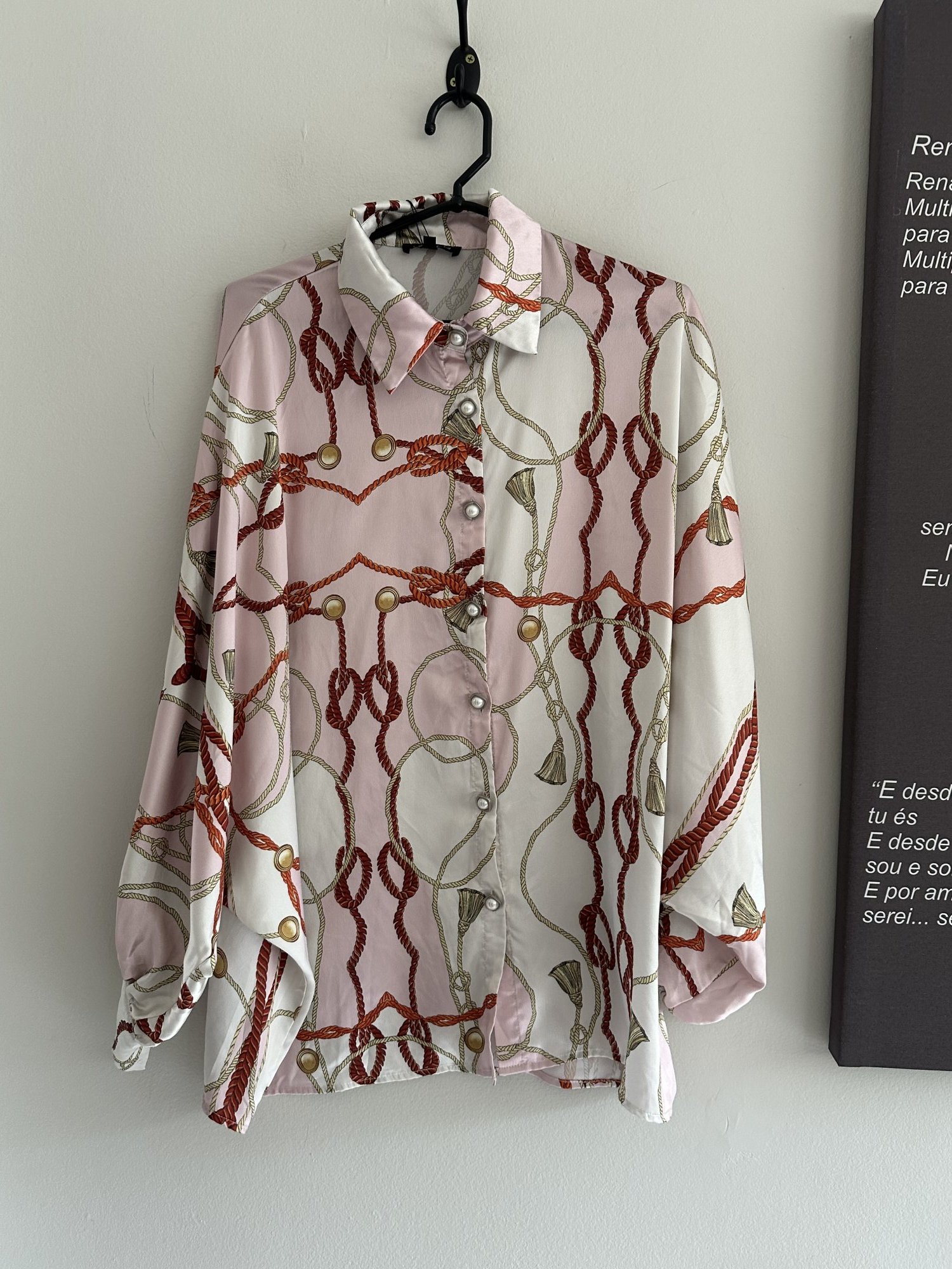 Camisa estampa off white e rosa de cordas m/longa CQ by CQ de botões pérola - M Sem marca branco, rosa tamanho M - foto principal