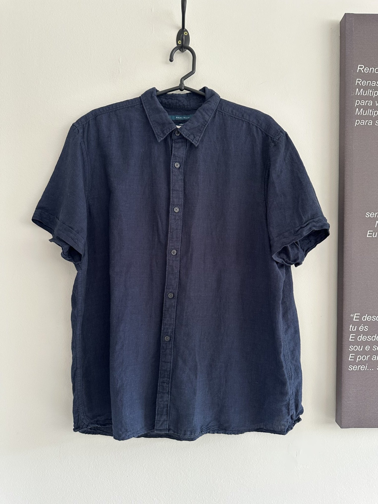 Camisa azul marinho m/curta Perry Ellis de algodão e linho - G Sem marca azul, azul-marinho tamanho G - foto principal